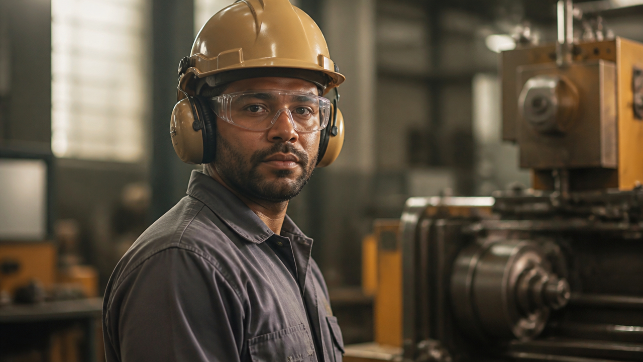 Trabalhador com equipamentos de proteção em ambiente industrial, ilustrando atividade com exposição a agentes nocivos.